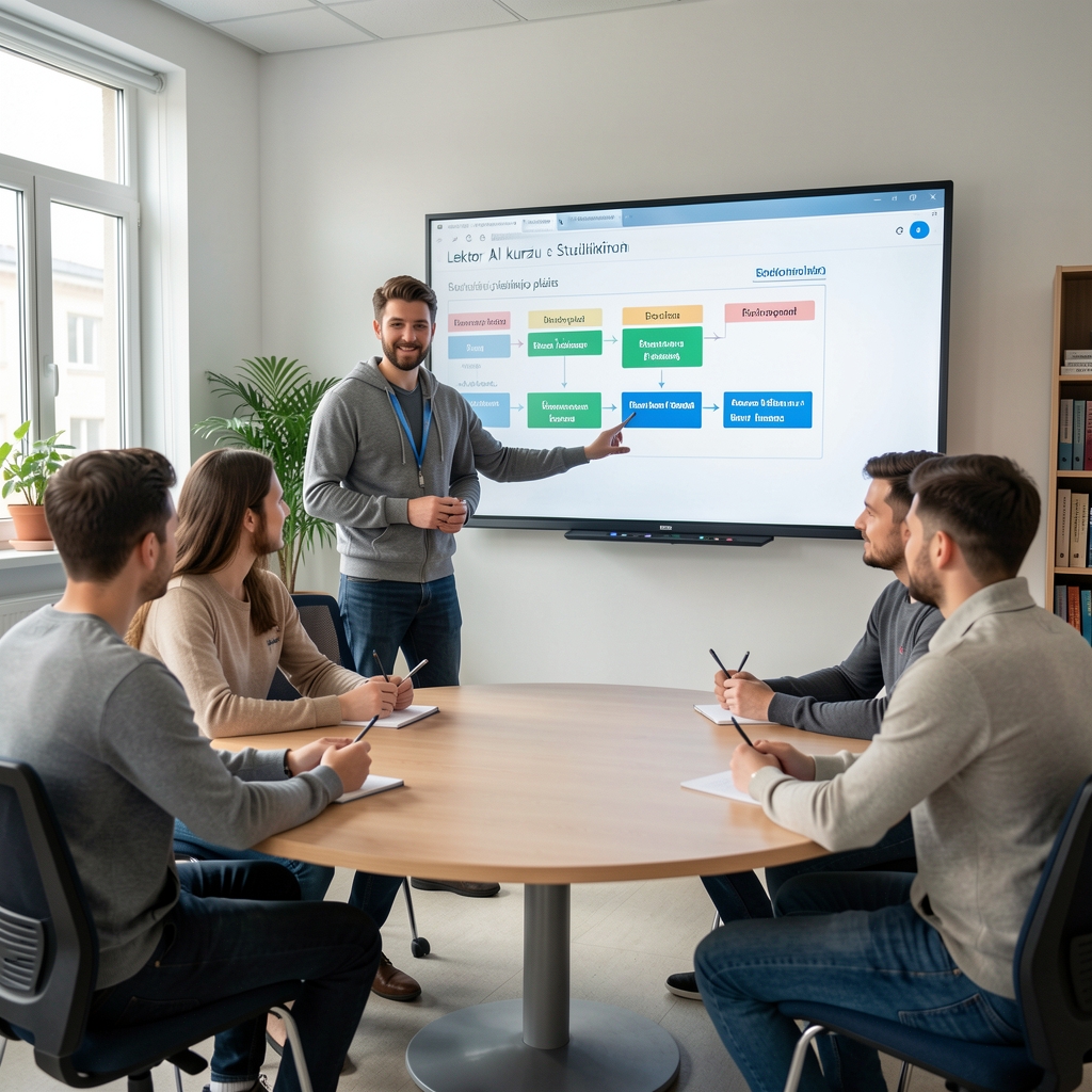 Lektor AI kurzu stojí před digitální tabulí s diagramem studijního plánu, studenti sedí kolem kulatého stolu v moderní vzdělávací místnosti