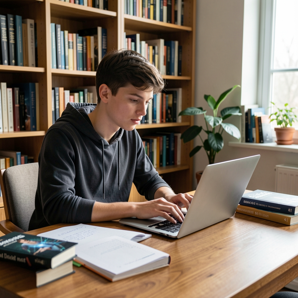 Motivovaný student studuje AI kurz na notebooku v útulné domácí knihovně, kolem má poznámky a knihy o technologiích